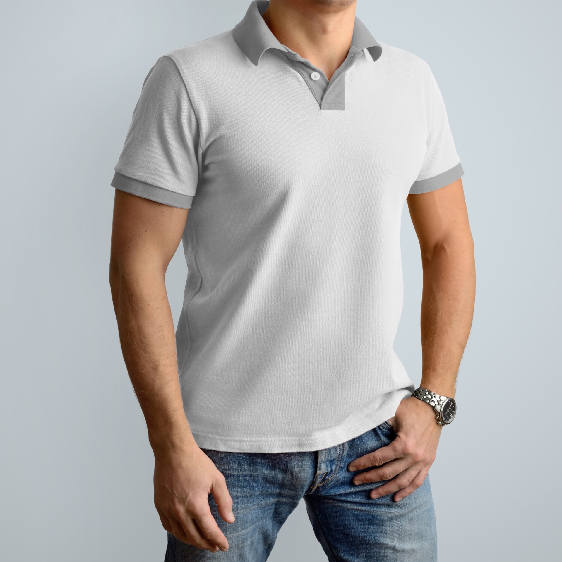 Tricou polo barbati, alb cu detalii gri
