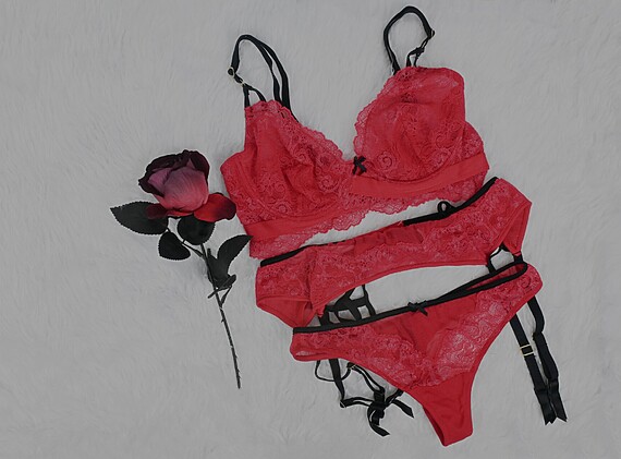 Red sexy glamorous lace lingerie, bra, Garter or Suspender Belt, G-string , seductive, sultry. wedding and fashionable , gift idea , lifestyle concept, copy space